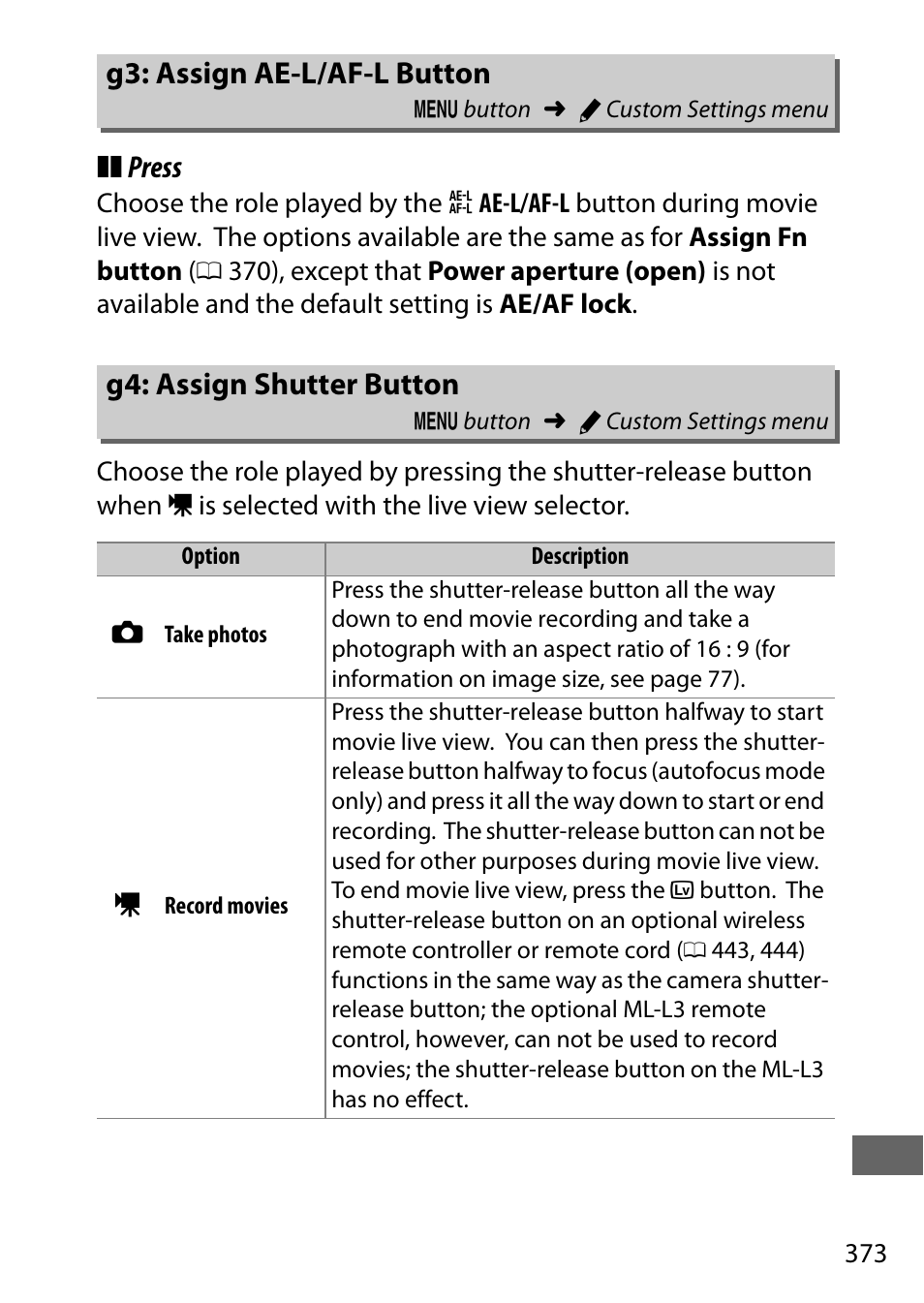 G3: assign ae-l/af-l button, G4: assign shutter button, 373), photog | 373) and, 373), the ml-l3, 373). not, L/af-l button, Press | Nikon D750 DSLR Camera (Body Only) User Manual | Page 401 / 537