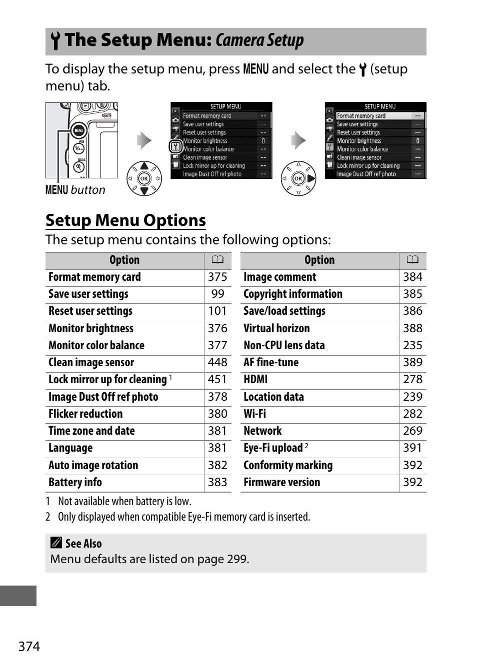 The setup menu: camera setup, Setup menu options, Bthe setup menu: camera setup | Nikon D750 DSLR Camera (Body Only) User Manual | Page 402 / 537