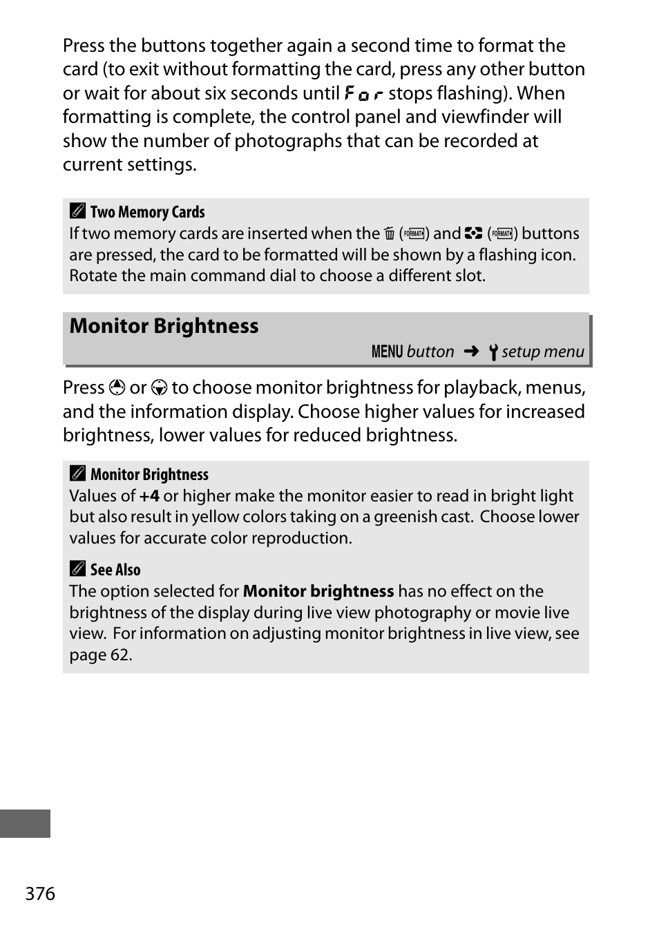 Monitor brightness, Ge 376) | Nikon D750 DSLR Camera (Body Only) User Manual | Page 404 / 537