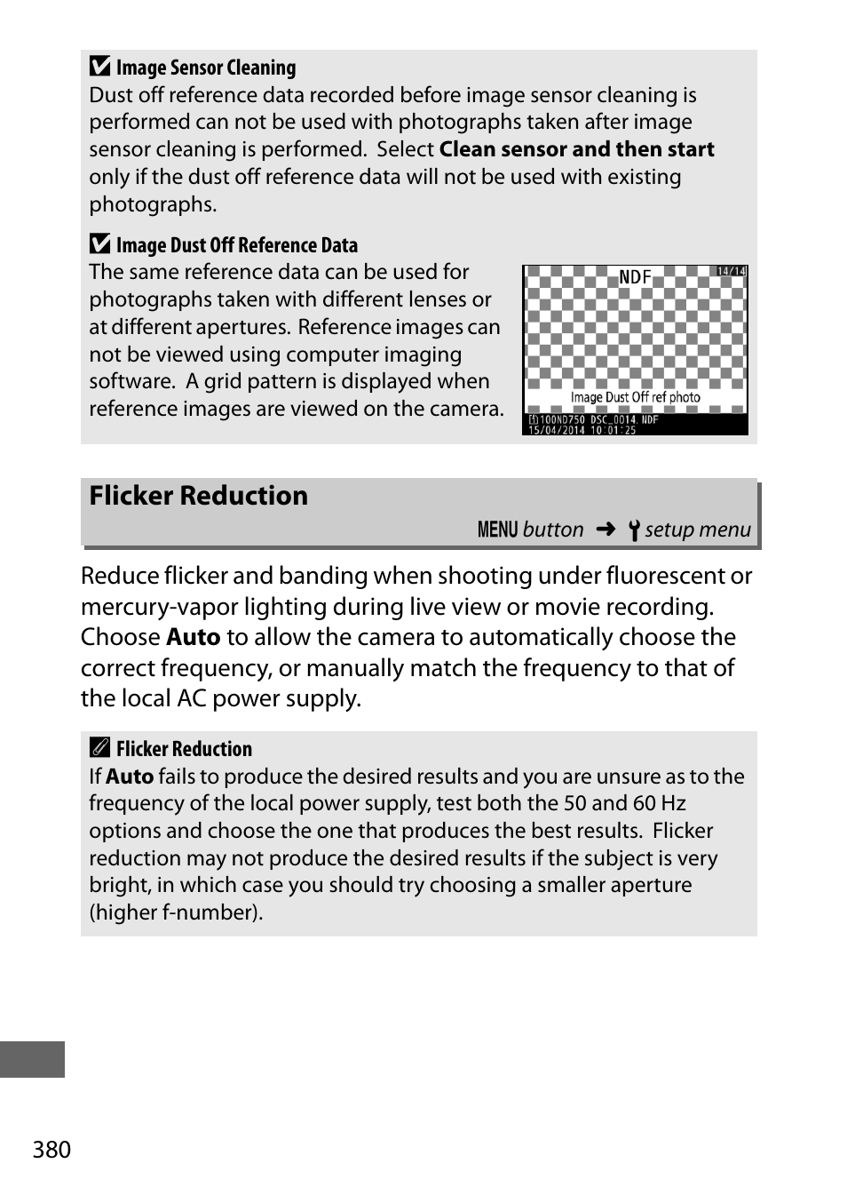 Flicker reduction, 380), a, R reduction | Nikon D750 DSLR Camera (Body Only) User Manual | Page 408 / 537