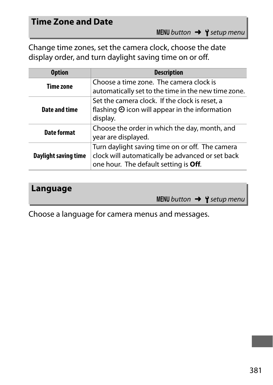 Time zone and date, Language, 381) and | 381) op, And date | Nikon D750 DSLR Camera (Body Only) User Manual | Page 409 / 537