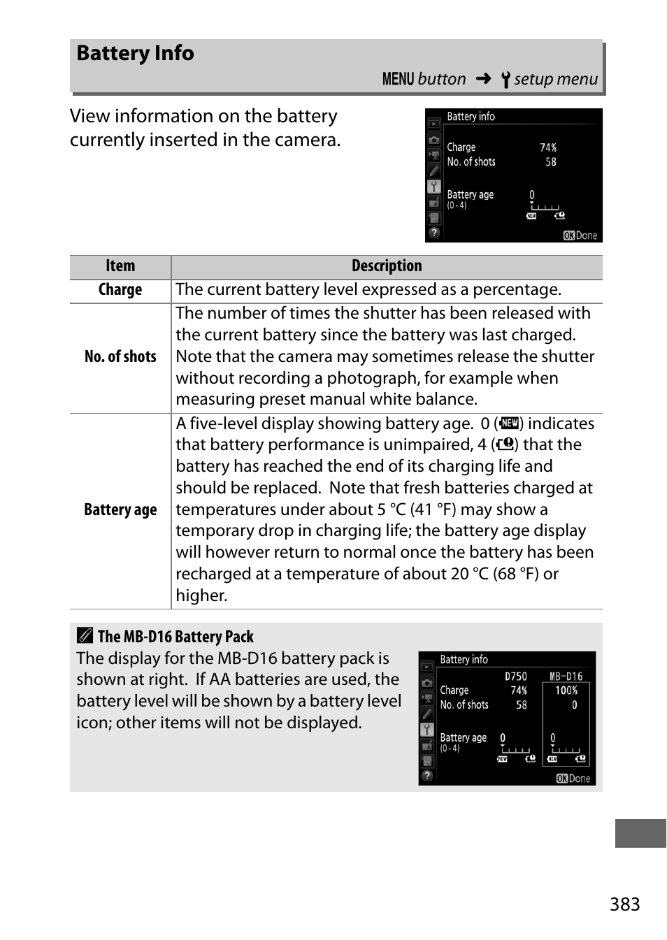 Battery info | Nikon D750 DSLR Camera (Body Only) User Manual | Page 411 / 537