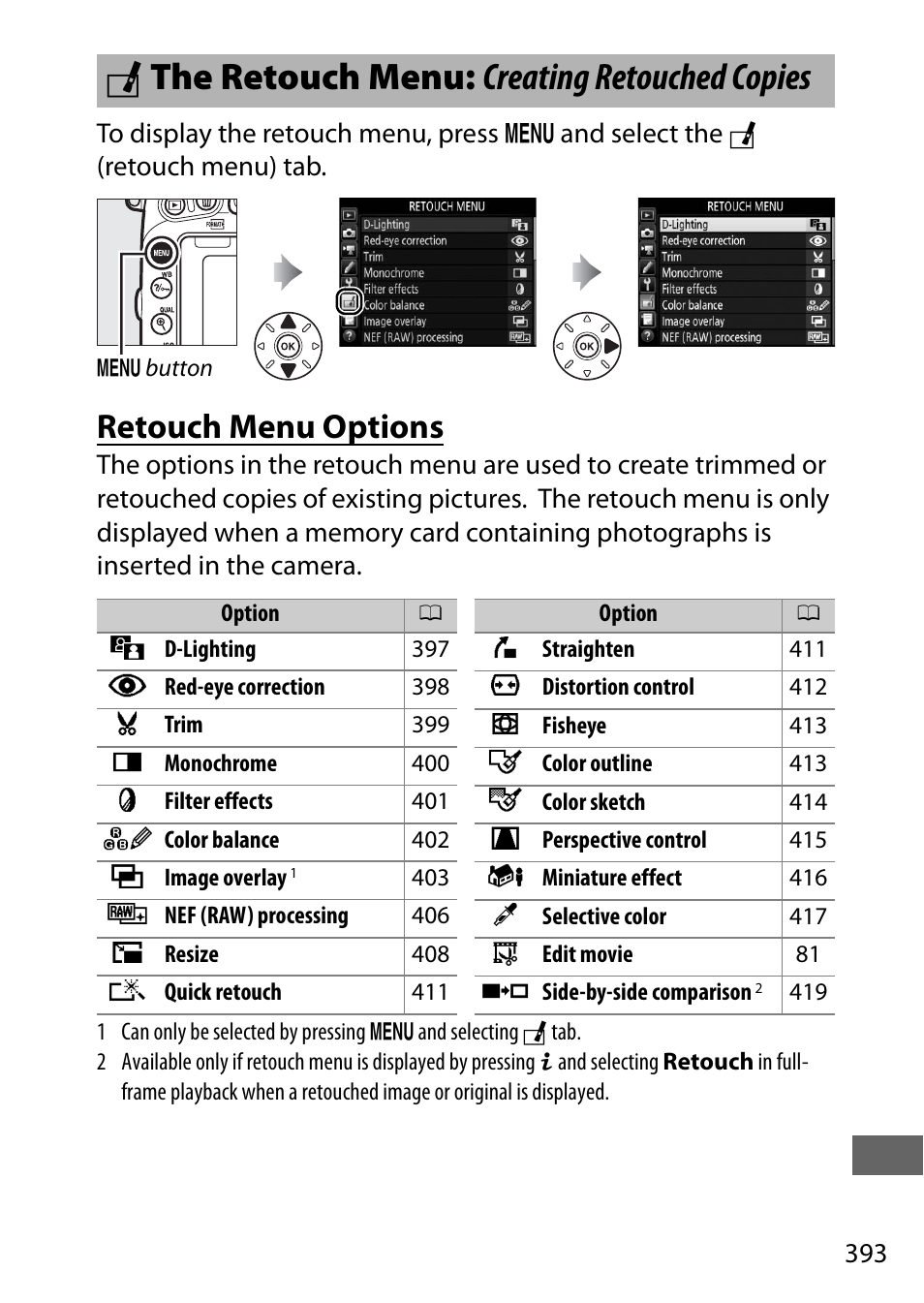 The retouch menu: creating retouched copies, Retouch menu options, Nthe retouch menu: creating retouched copies | Nikon D750 DSLR Camera (Body Only) User Manual | Page 421 / 537