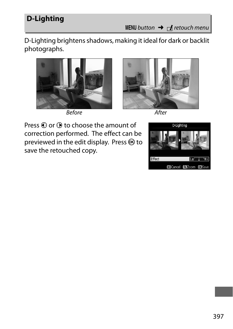 D-lighting | Nikon D750 DSLR Camera (Body Only) User Manual | Page 425 / 537