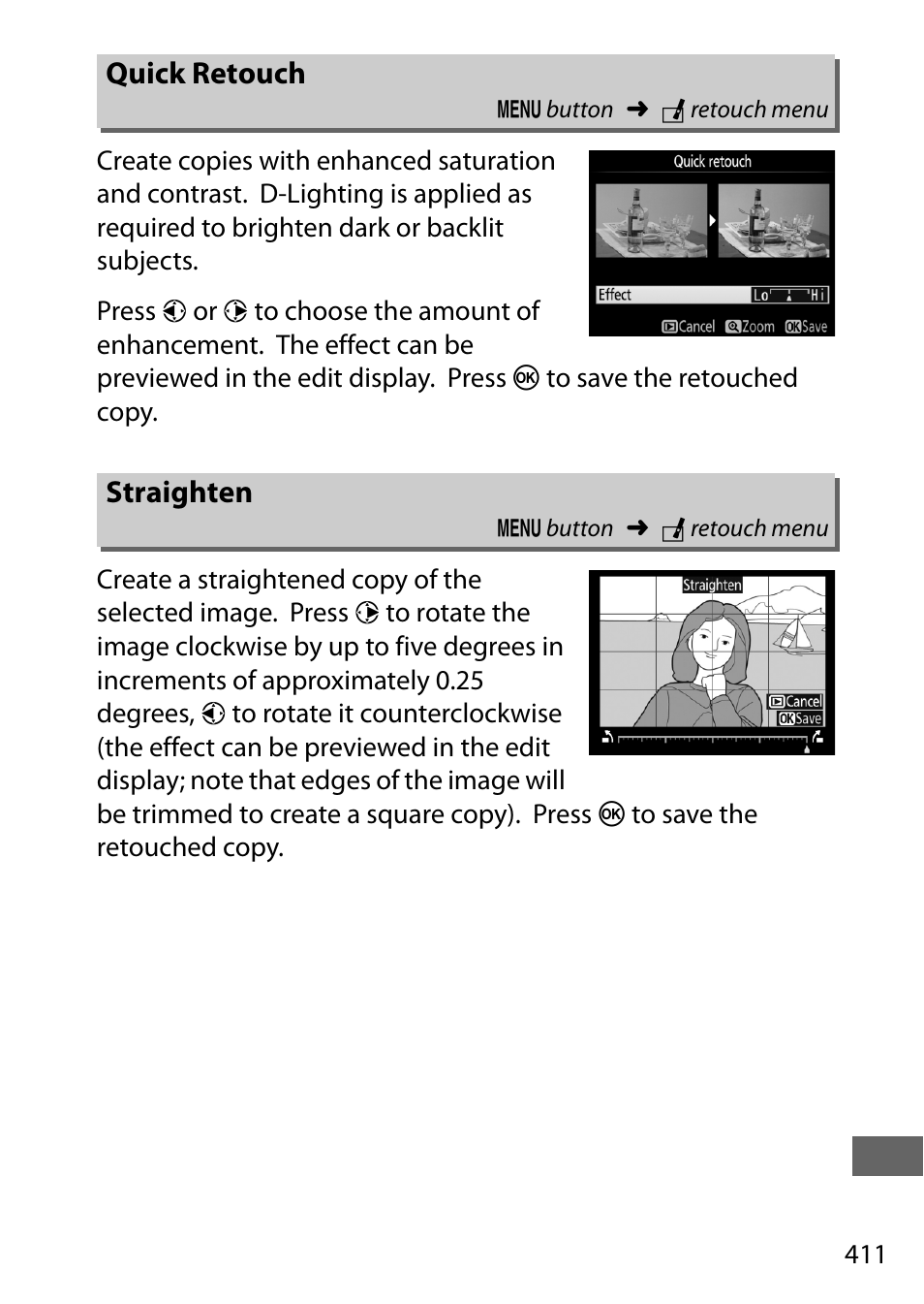 Quick retouch, Straighten | Nikon D750 DSLR Camera (Body Only) User Manual | Page 439 / 537