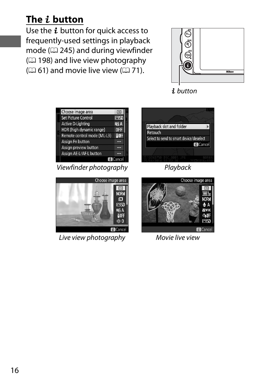 The i button, The p button | Nikon D750 DSLR Camera (Body Only) User Manual | Page 44 / 537