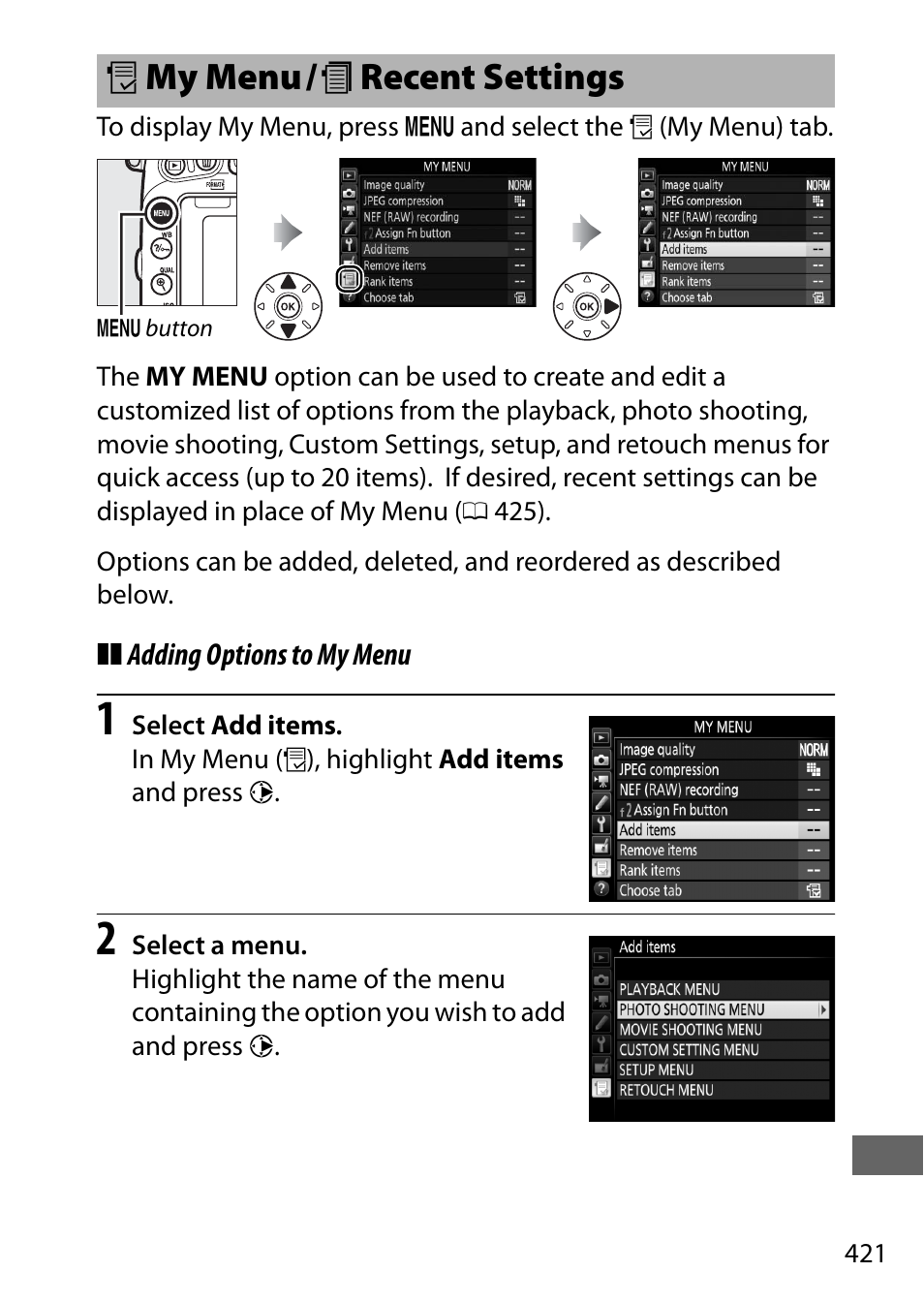 My menu / recent settings, Omy menu/ m recent settings | Nikon D750 DSLR Camera (Body Only) User Manual | Page 449 / 537