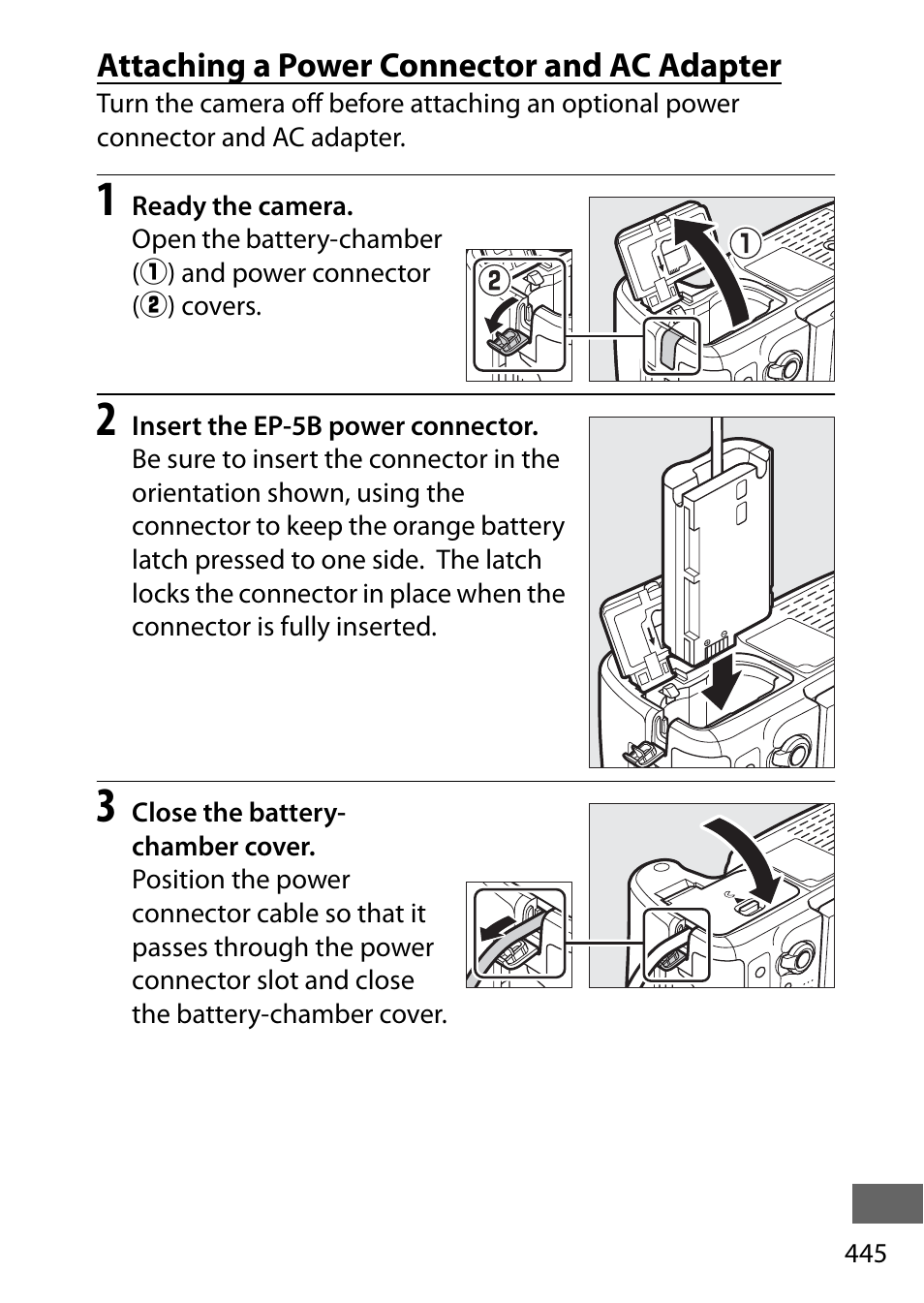 Attaching a power connector and ac adapter | Nikon D750 DSLR Camera (Body Only) User Manual | Page 473 / 537