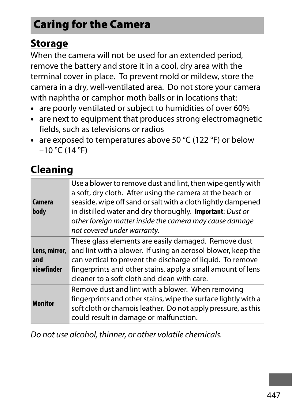 Caring for the camera, Storage, Cleaning | Nikon D750 DSLR Camera (Body Only) User Manual | Page 475 / 537