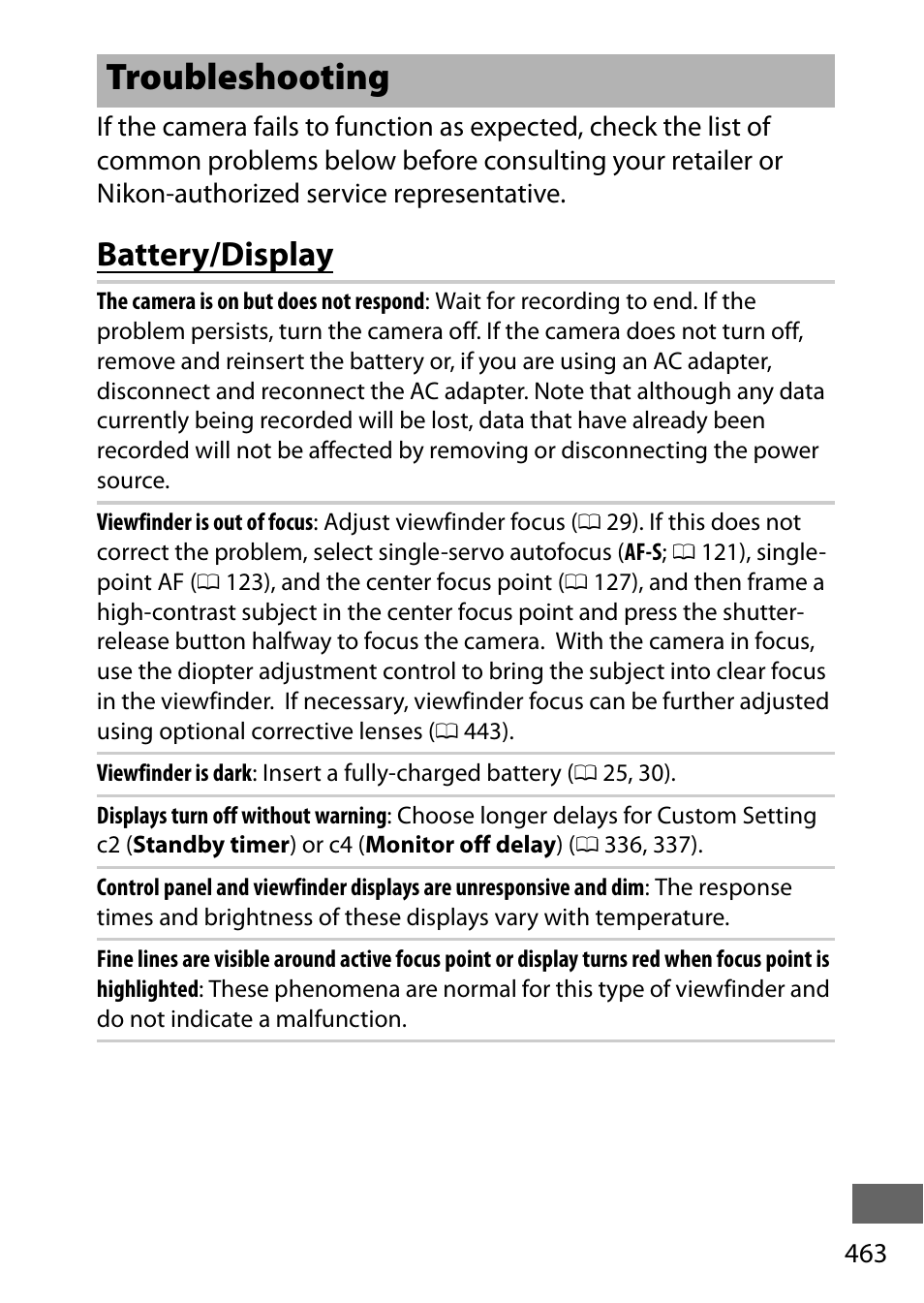 Troubleshooting, Battery/display | Nikon D750 DSLR Camera (Body Only) User Manual | Page 491 / 537