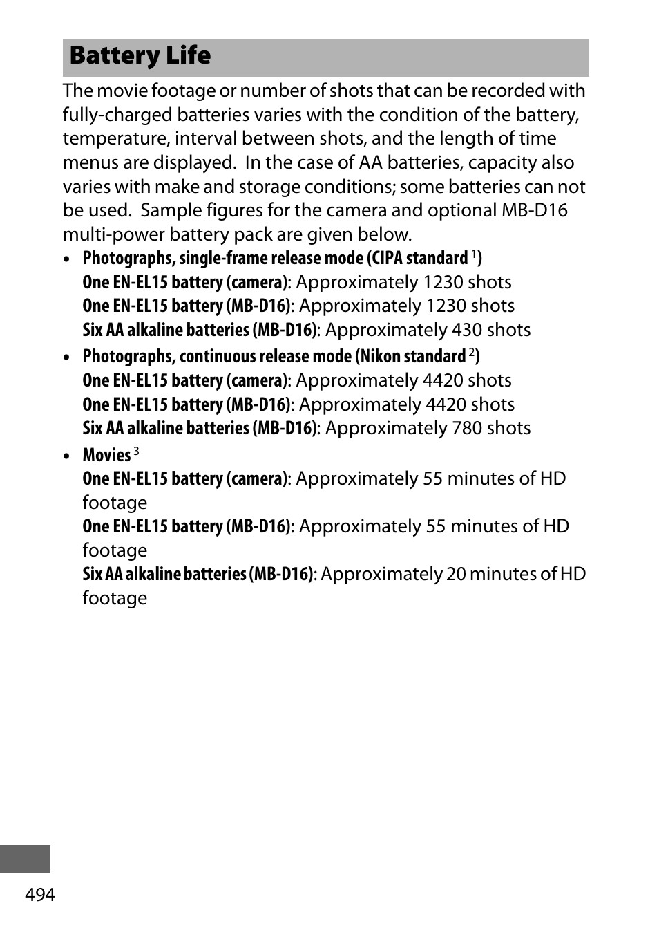 Battery life | Nikon D750 DSLR Camera (Body Only) User Manual | Page 522 / 537