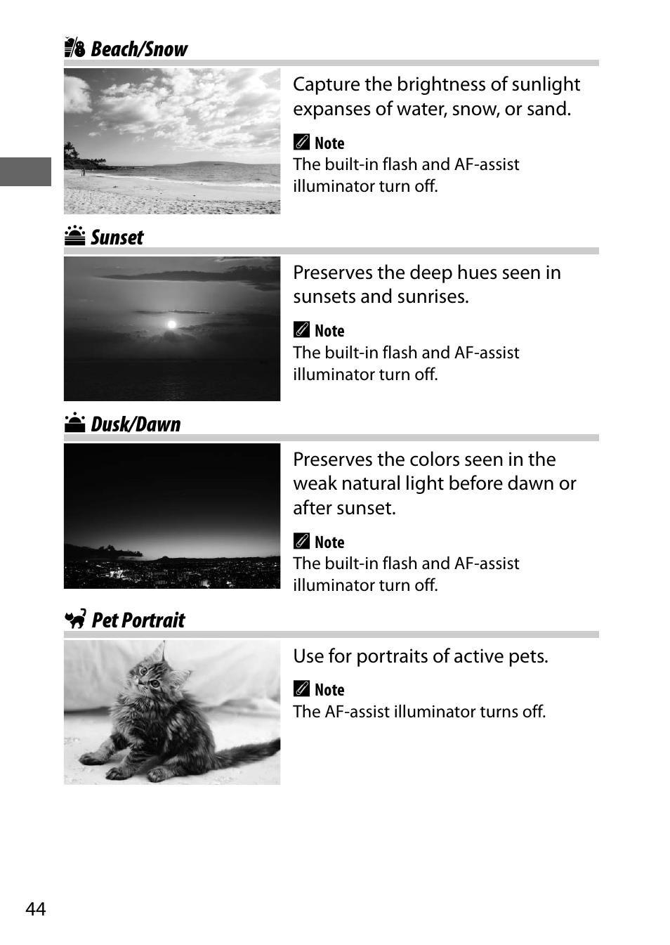 Beach/snow, Sunset, Dusk/dawn | Pet portrait | Nikon D750 DSLR Camera (Body Only) User Manual | Page 72 / 537