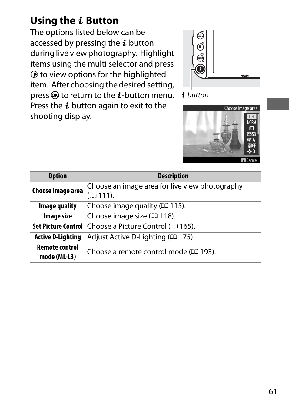 Using the i button, 61) an, Using the p button | Nikon D750 DSLR Camera (Body Only) User Manual | Page 89 / 537