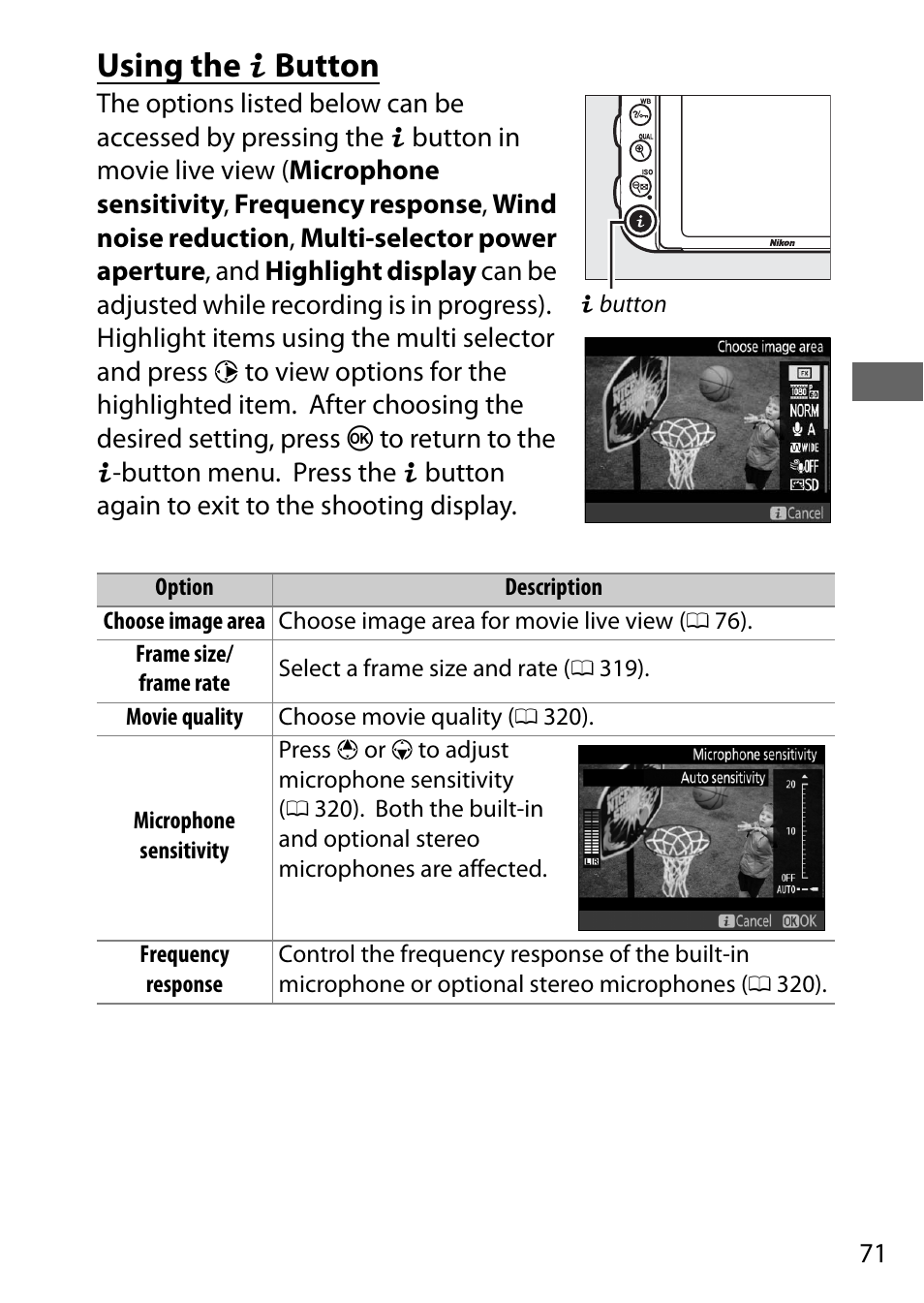 Using the i button, E view, Using the p button | Nikon D750 DSLR Camera (Body Only) User Manual | Page 99 / 537