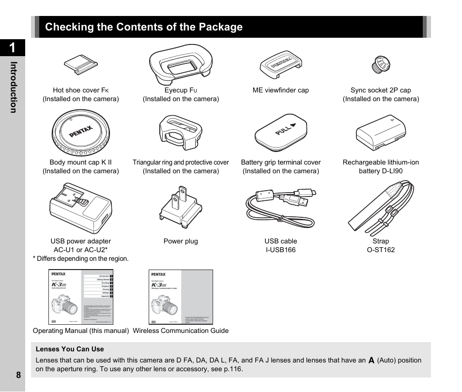 Introducing the k-3 mark iii, Checking the contents of the package, Introduction | Checking the contents of the package .....p.8 | Pentax K-3 Mark III DSLR Camera (Black) User Manual | Page 10 / 148