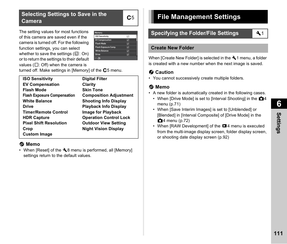 Selecting settings to save in the camera, File management settings, Specifying the folder/file settings | P.111), P.111, Se tting s 111 | Pentax K-3 Mark III DSLR Camera (Black) User Manual | Page 113 / 148