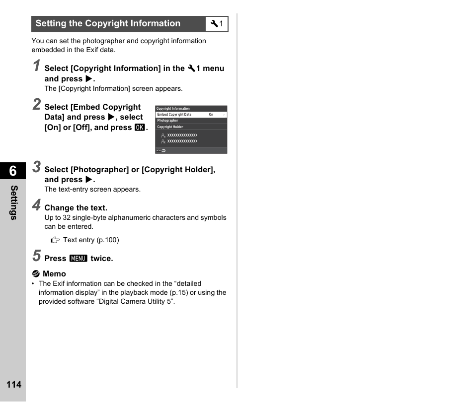Setting the copyright information, P.114), P.114 | Pentax K-3 Mark III DSLR Camera (Black) User Manual | Page 116 / 148