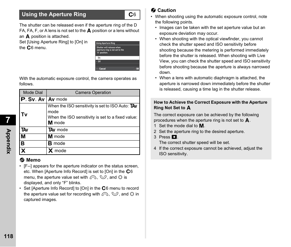 Using the aperture ring, P.118, Using the aperture ring” (p.118) | Appen d ix 118 | Pentax K-3 Mark III DSLR Camera (Black) User Manual | Page 120 / 148