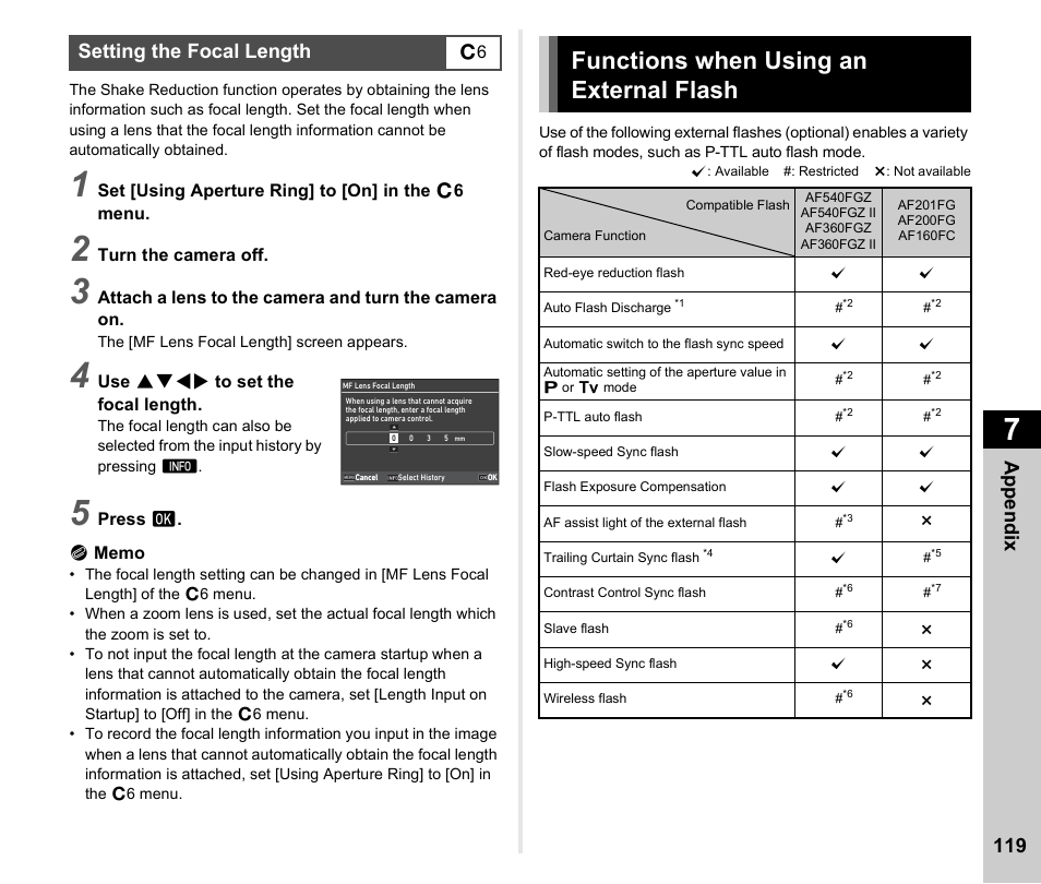 Setting the focal length, Functions when using an external flash, P.119 | Appen d ix 119 | Pentax K-3 Mark III DSLR Camera (Black) User Manual | Page 121 / 148