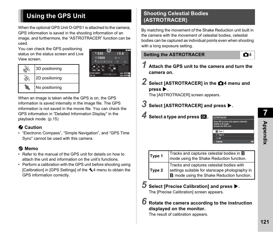 Using the gps unit, Shooting celestial bodies (astrotracer), P.121 | P.121), Appen d ix 121 | Pentax K-3 Mark III DSLR Camera (Black) User Manual | Page 123 / 148