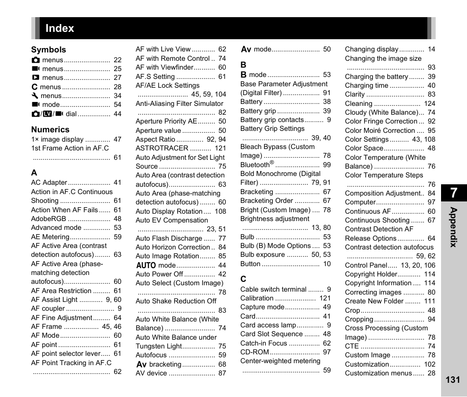 Index | Pentax K-3 Mark III DSLR Camera (Black) User Manual | Page 133 / 148