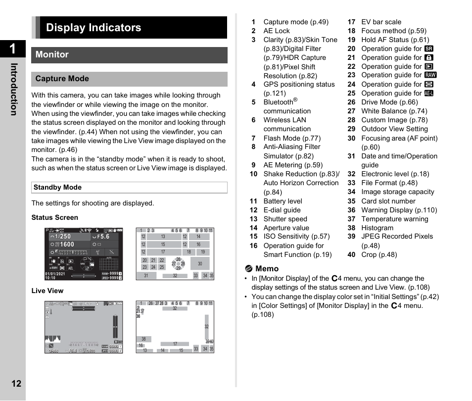 Display indicators, Monitor, Capture mode | Pentax K-3 Mark III DSLR Camera (Black) User Manual | Page 14 / 148