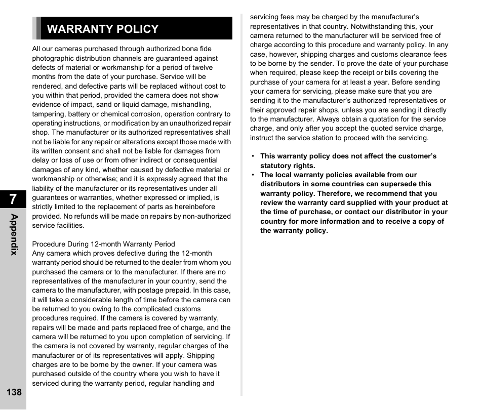 Warranty policy | Pentax K-3 Mark III DSLR Camera (Black) User Manual | Page 140 / 148