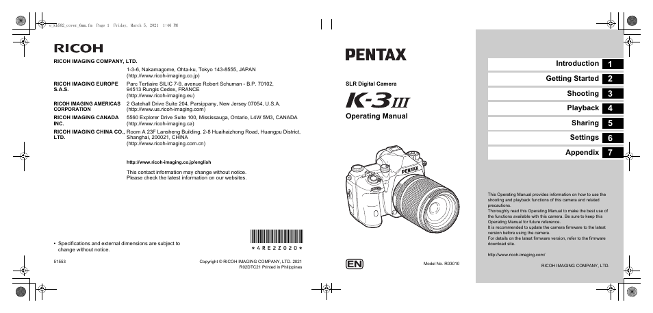 Operating manual, Introduction, Getting started | Shooting, Playback, Sharing, Settings, Appendix | Pentax K-3 Mark III DSLR Camera (Black) User Manual | Page 148 / 148