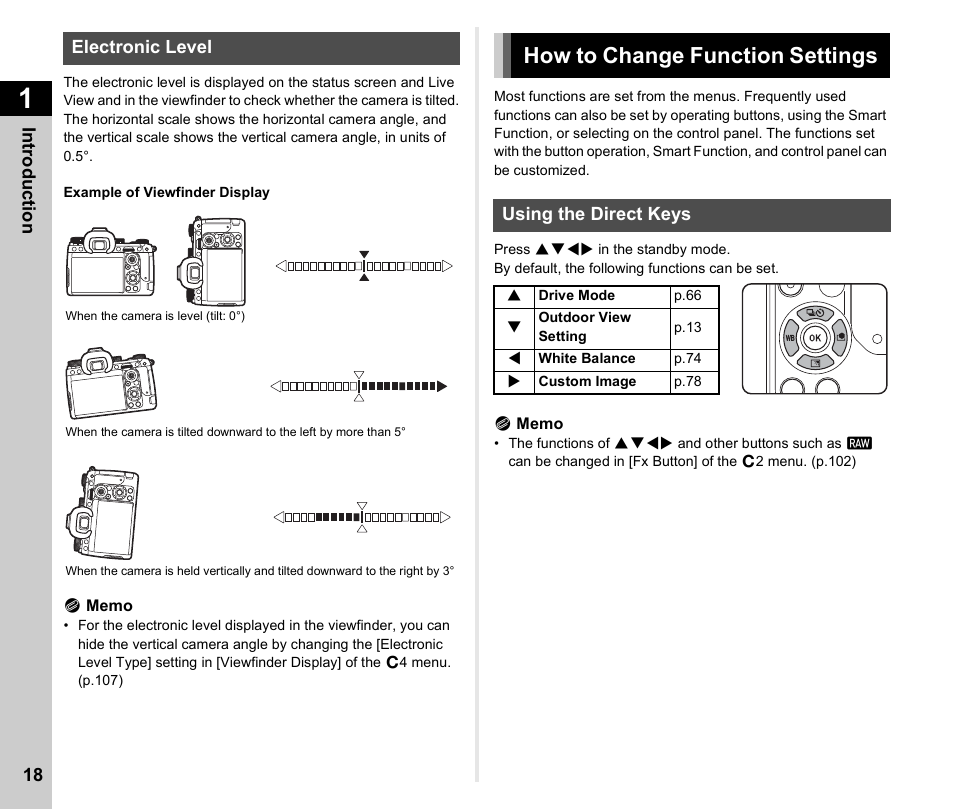 Electronic level, How to change function settings, Using the direct keys | How to change function settings .............p.18, P.18) | Pentax K-3 Mark III DSLR Camera (Black) User Manual | Page 20 / 148