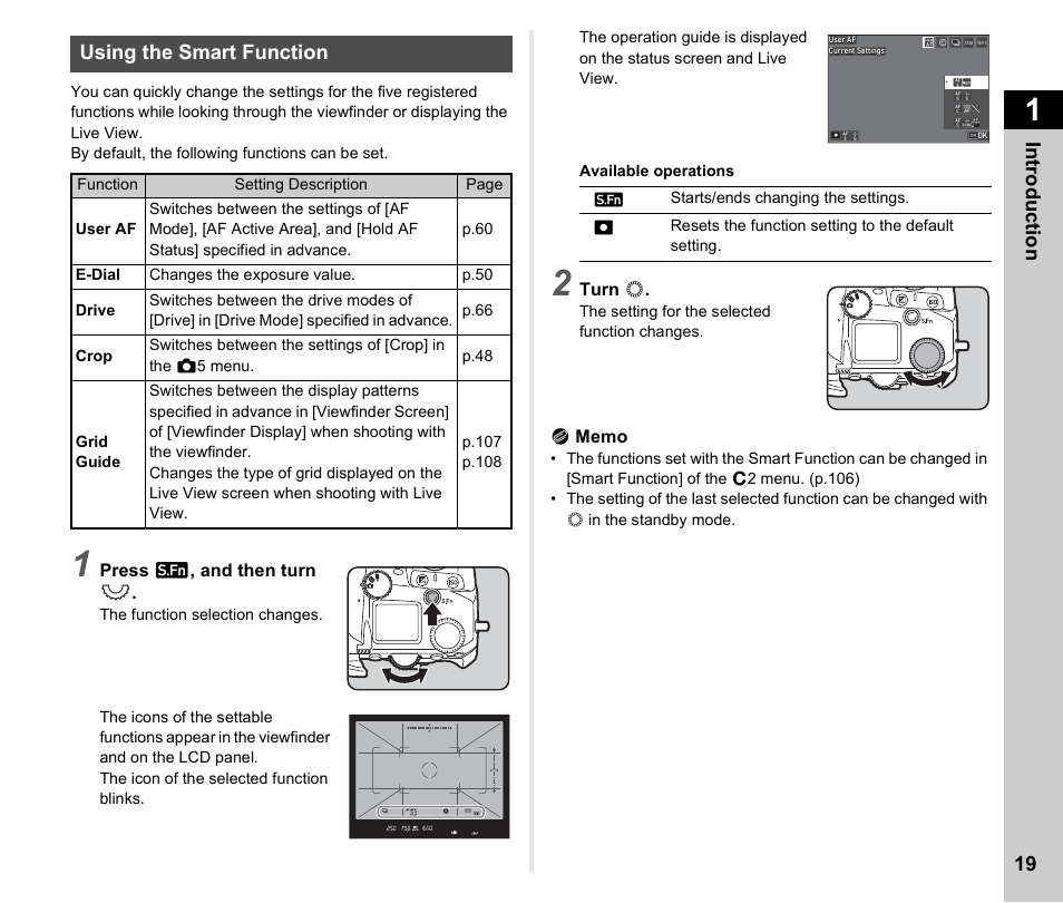 Using the smart function, P.19) | Pentax K-3 Mark III DSLR Camera (Black) User Manual | Page 21 / 148