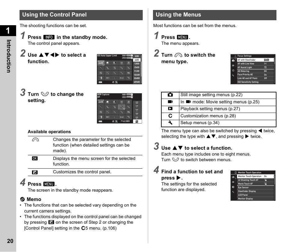 Using the control panel, Using the menus, Using the control panel using the menus | P.20), D. (p.20, Using the control panel” (p.20) f | Pentax K-3 Mark III DSLR Camera (Black) User Manual | Page 22 / 148