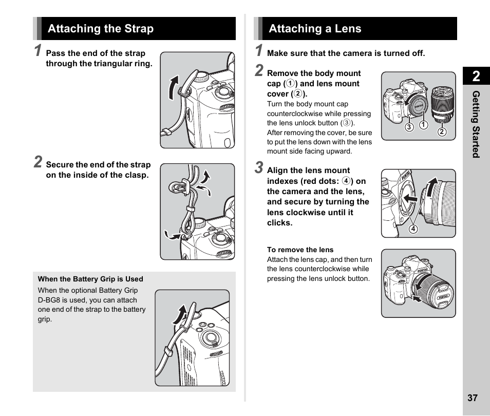 Getting started, Attaching the strap, Attaching a lens | P.37, Attaching the strap attaching a lens | Pentax K-3 Mark III DSLR Camera (Black) User Manual | Page 39 / 148