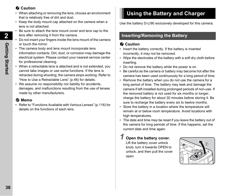 Using the battery and charger, Inserting/removing the battery | Pentax K-3 Mark III DSLR Camera (Black) User Manual | Page 40 / 148