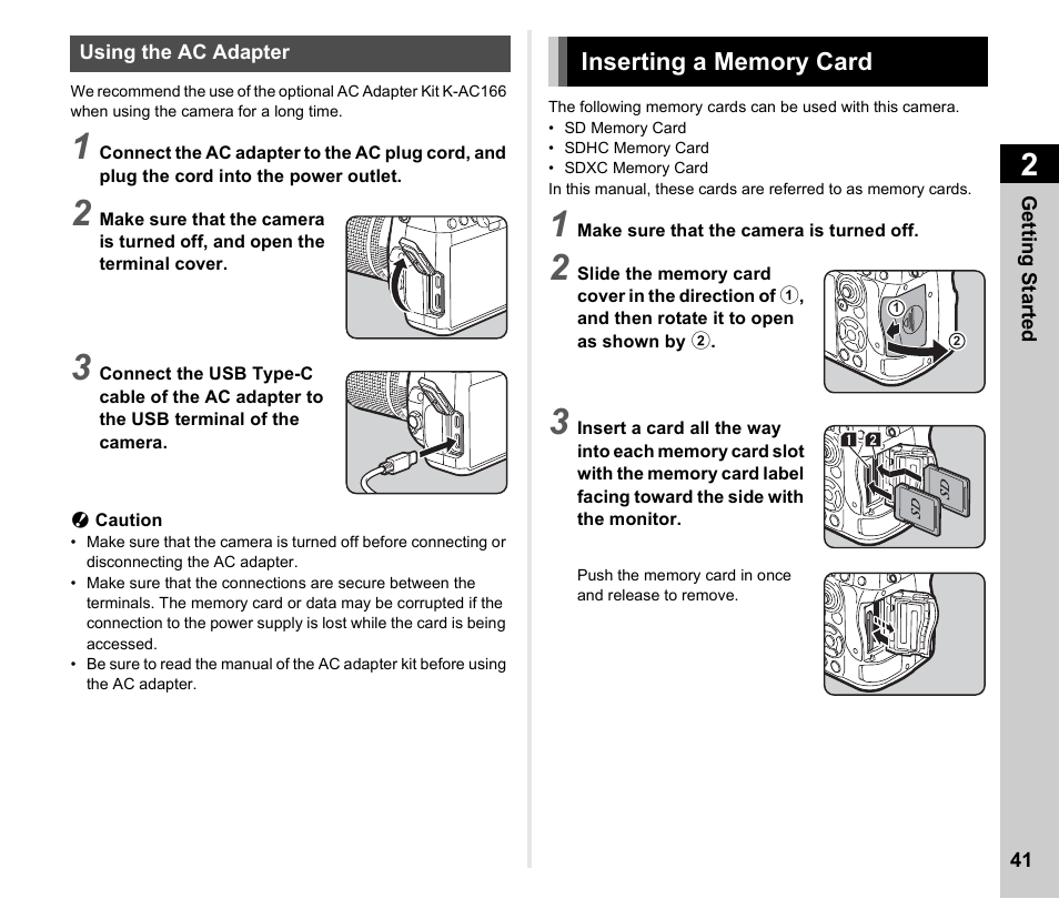 Using the ac adapter, Inserting a memory card | Pentax K-3 Mark III DSLR Camera (Black) User Manual | Page 43 / 148