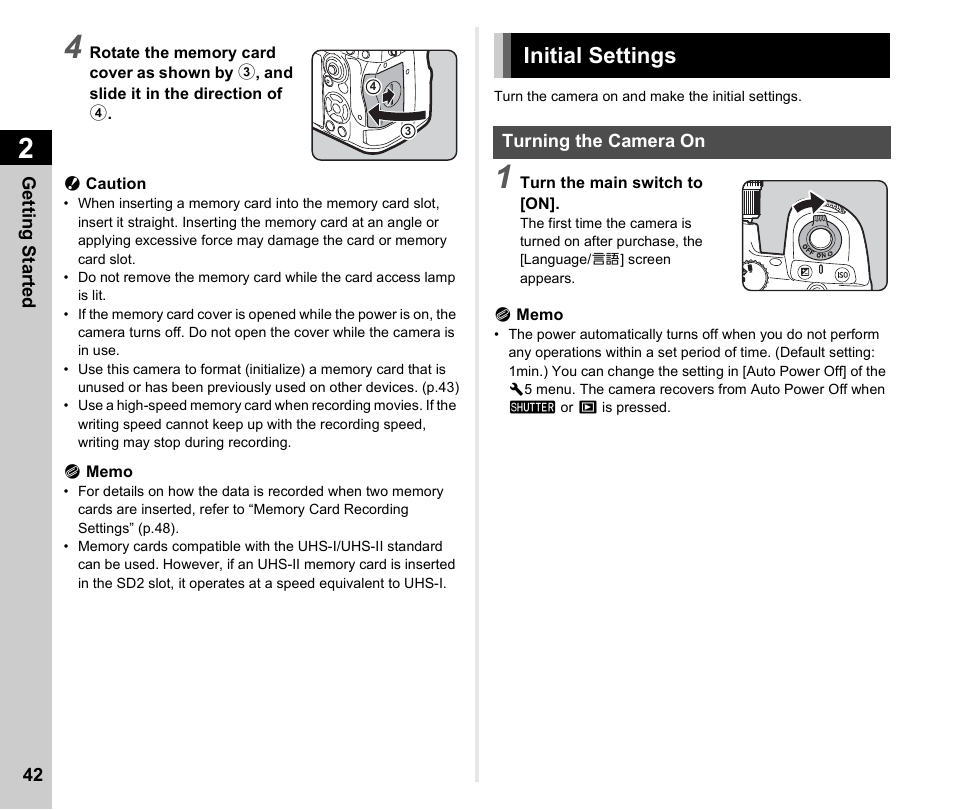 Initial settings, Turning the camera on, P.42, p | Initial settings” (p.42), P.42 | Pentax K-3 Mark III DSLR Camera (Black) User Manual | Page 44 / 148