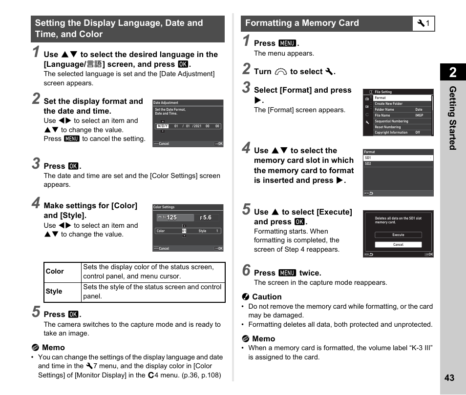 Formatting a memory card, P.43 | Pentax K-3 Mark III DSLR Camera (Black) User Manual | Page 45 / 148