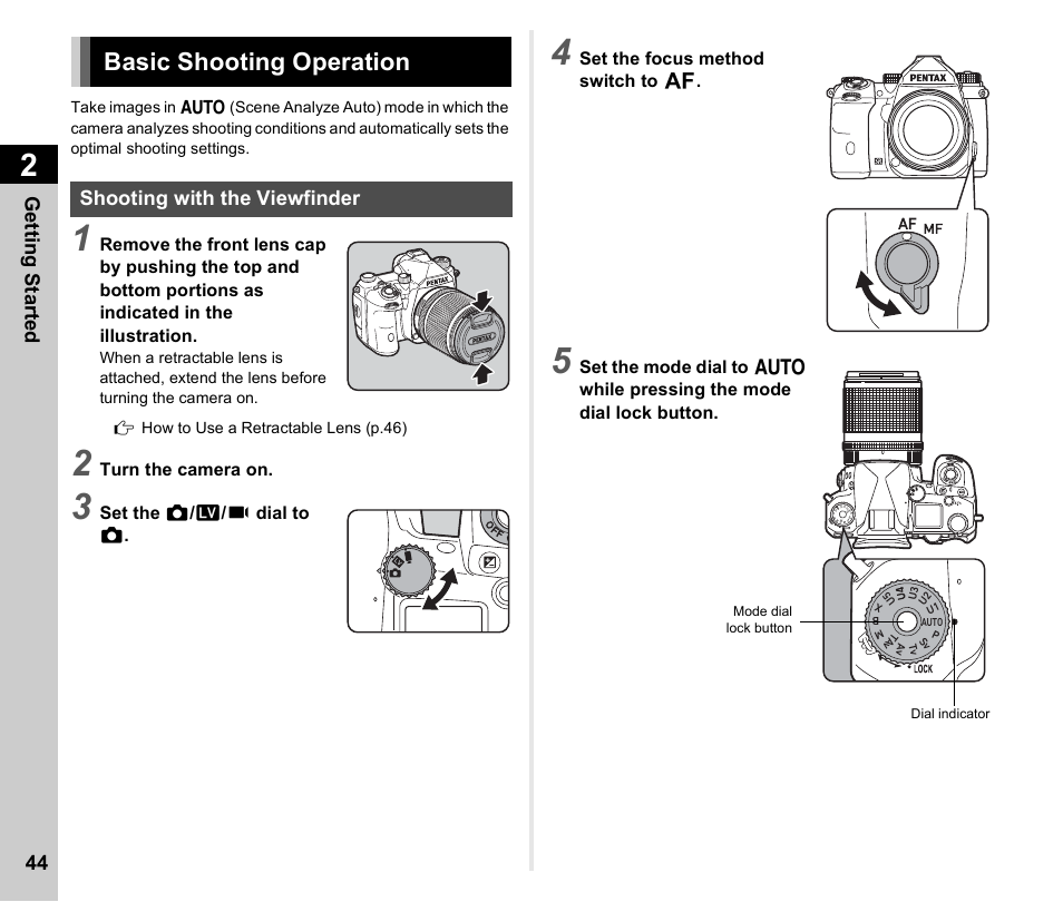 Basic shooting operation, Shooting with the viewfinder, P.44) | Getting started 44 | Pentax K-3 Mark III DSLR Camera (Black) User Manual | Page 46 / 148