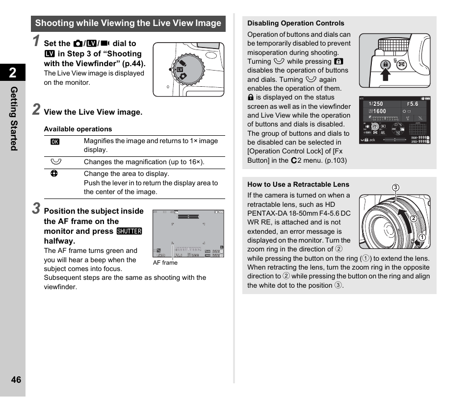 Shooting while viewing the live view image, P.46), P.46, p | P.46, Getting started 46 | Pentax K-3 Mark III DSLR Camera (Black) User Manual | Page 48 / 148