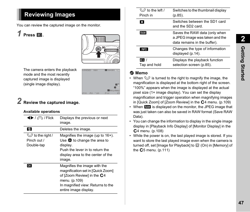 Reviewing images, P.47, P.47) | Getting started 47 | Pentax K-3 Mark III DSLR Camera (Black) User Manual | Page 49 / 148