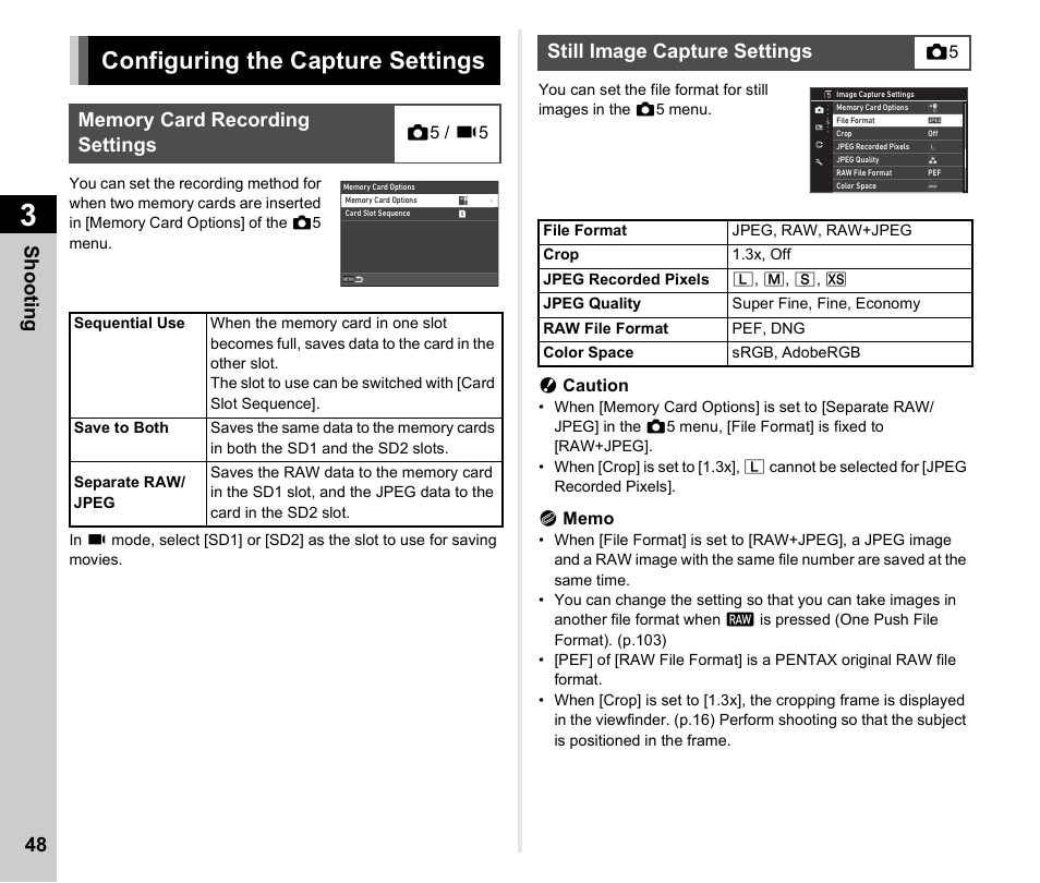 Taking images, Configuring the capture settings, Memory card recording settings | Still image capture settings, Shooting, P.48, P.48), P.48)/m, Shoo ting 48 | Pentax K-3 Mark III DSLR Camera (Black) User Manual | Page 50 / 148