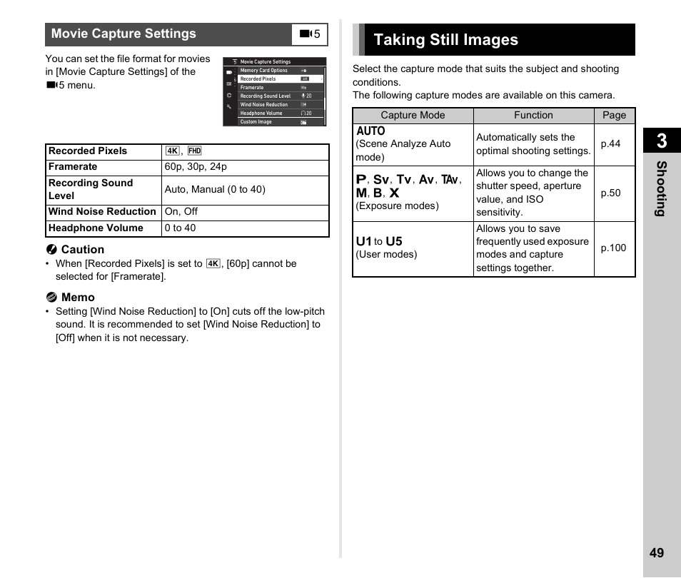 Movie capture settings, Taking still images, P.49) | P.49, Shoo ting 49 | Pentax K-3 Mark III DSLR Camera (Black) User Manual | Page 51 / 148