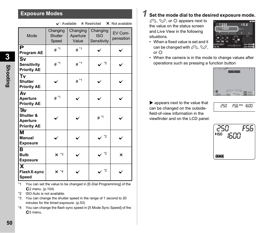 Exposure modes, P.50, Shoo ting 50 | Pentax K-3 Mark III DSLR Camera (Black) User Manual | Page 52 / 148
