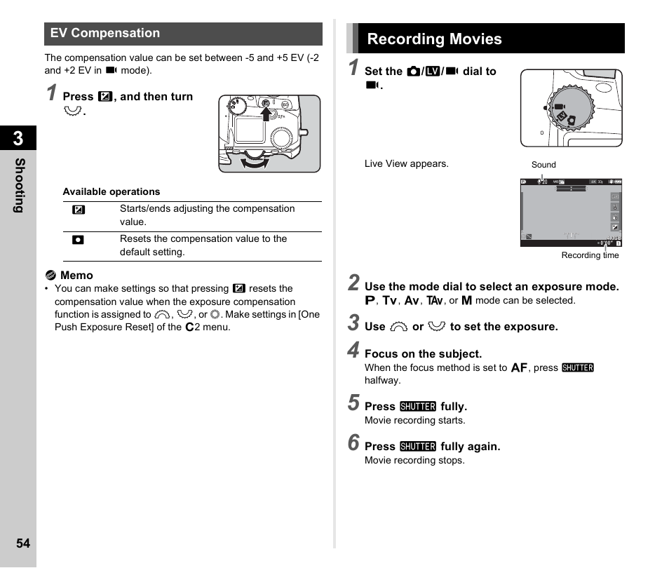 Ev compensation, Recording movies, P.54 | P.54), P.54)/b | Pentax K-3 Mark III DSLR Camera (Black) User Manual | Page 56 / 148