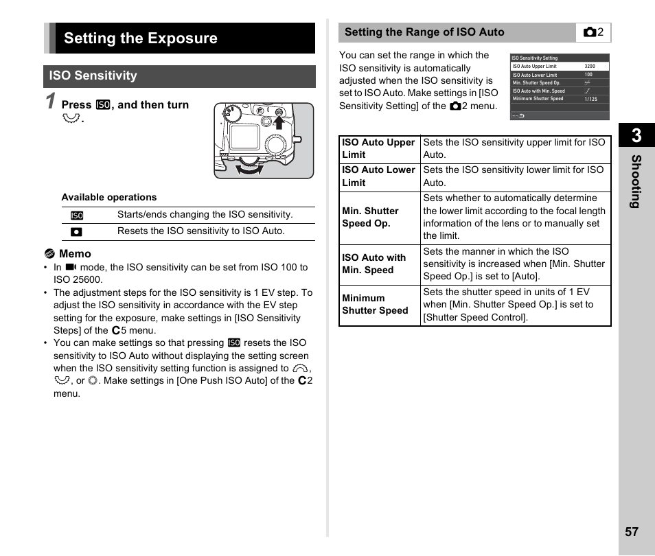 Setting the exposure, Iso sensitivity, P.57) | P.57, Shoo ting 57 | Pentax K-3 Mark III DSLR Camera (Black) User Manual | Page 59 / 148