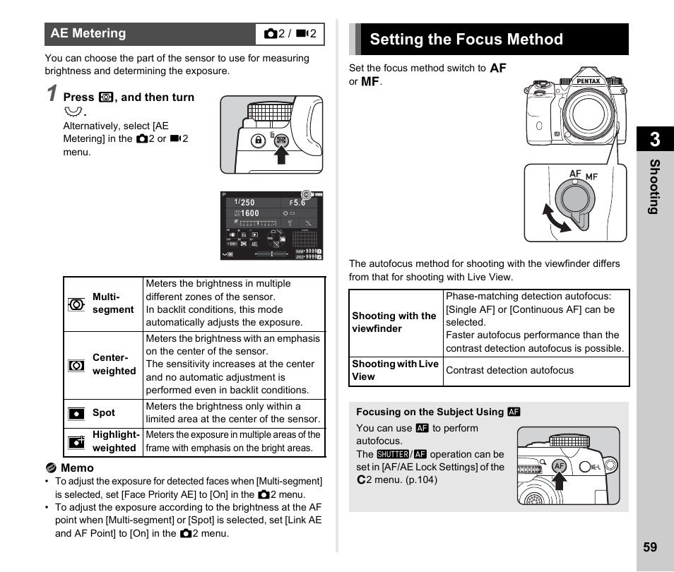 Ae metering, Setting the focus method, P.59) | P.59, Shoo ting 59 | Pentax K-3 Mark III DSLR Camera (Black) User Manual | Page 61 / 148