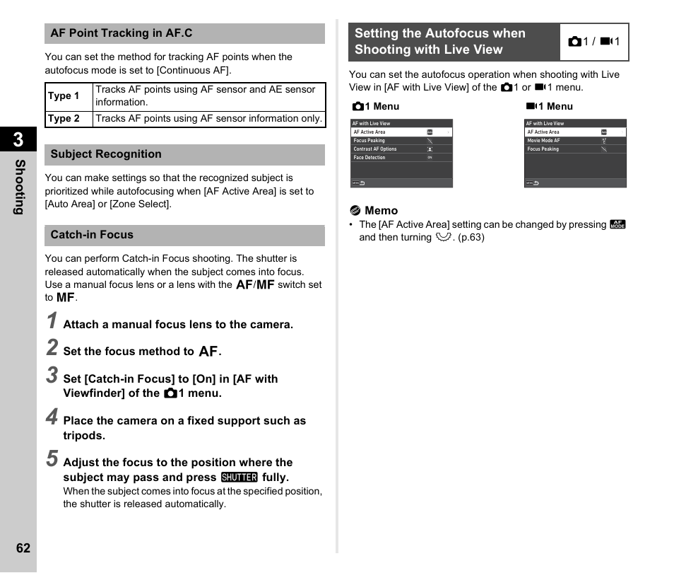 Setting the autofocus when shooting with live view, P.62 | Pentax K-3 Mark III DSLR Camera (Black) User Manual | Page 64 / 148