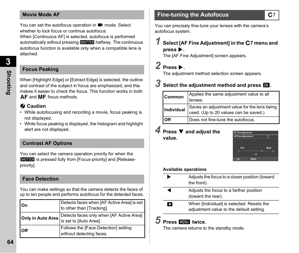 Fine-tuning the autofocus, G (p.64), P.64 | Pentax K-3 Mark III DSLR Camera (Black) User Manual | Page 66 / 148