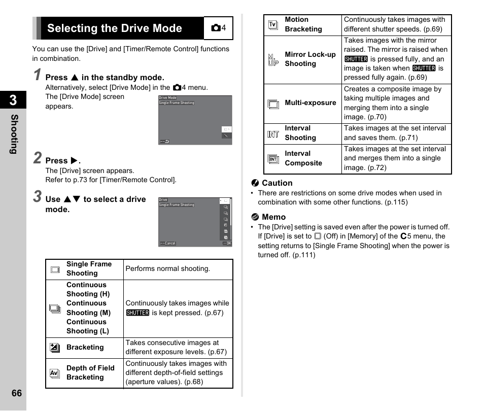 Selecting the drive mode, P.66), E (p.66) | P.66 | Pentax K-3 Mark III DSLR Camera (Black) User Manual | Page 68 / 148