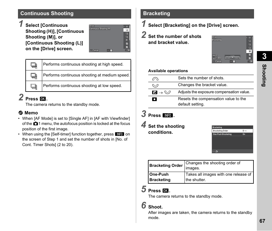 Continuous shooting, Bracketing, Continuous shooting bracketing | P.67) | Pentax K-3 Mark III DSLR Camera (Black) User Manual | Page 69 / 148