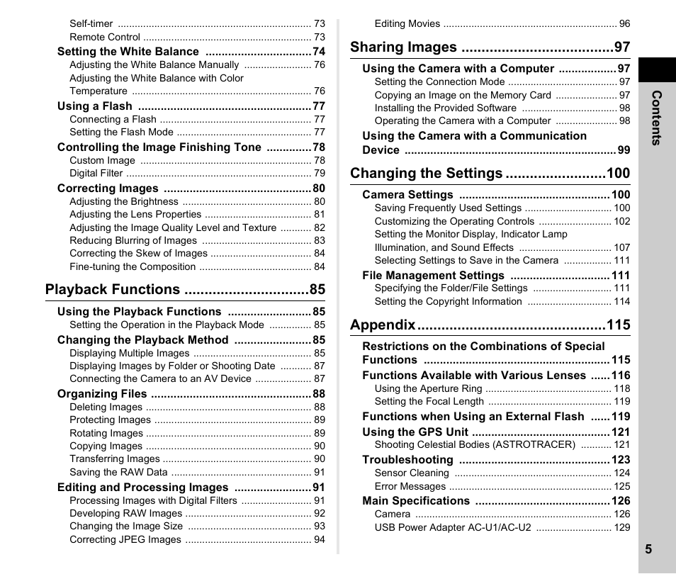 Playback functions, Sharing images, Changing the settings | Appendix | Pentax K-3 Mark III DSLR Camera (Black) User Manual | Page 7 / 148